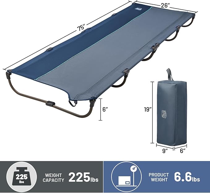 TIMBER RIDGE 20-Second Quick Set-Up Camping Cot, Lightweight Aluminum Folding Cot with Zipper Closure, Portable Carry Bag Included for Camping, Travel and Outdoors, Support up to 225lbs, Blue 2pcs