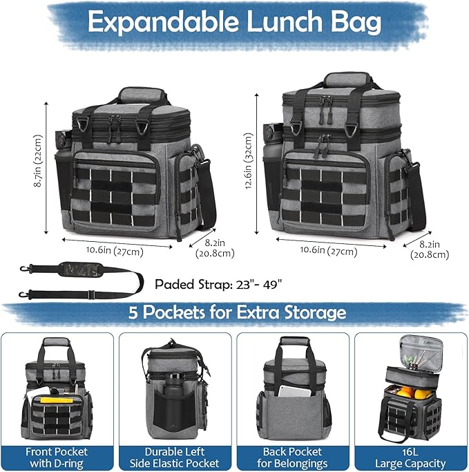 Tactical Lunch Box for Men - Large Expandable Insulated Lunch Bag, Double Deck Cooler Bag Mens Lunchbox for Work, Camping, Beach, Picnic, Hiking & Outdoor Shifts, 16L, Black+Gray