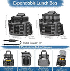 Tactical Lunch Box for Men - Large Expandable Insulated Lunch Bag, Double Deck Cooler Bag Mens Lunchbox for Work, Camping, Beach, Picnic, Hiking & Outdoor Shifts, 16L, Black+Gray