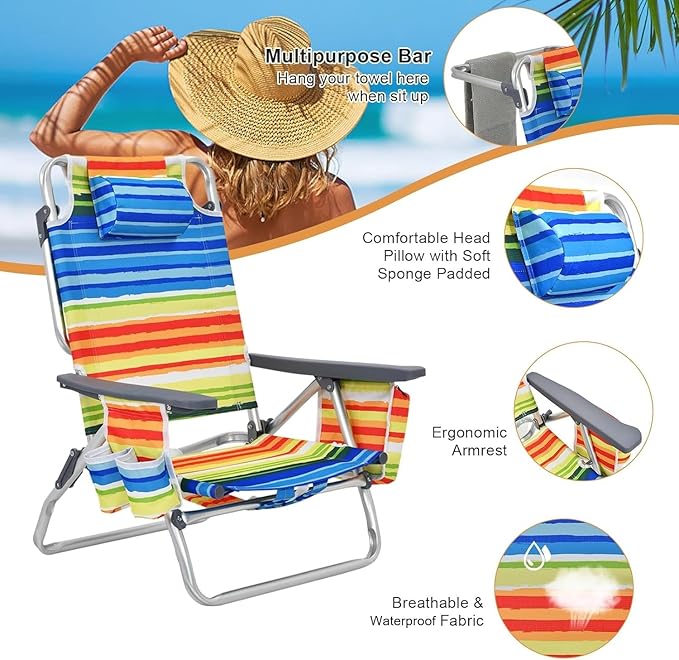 GYMAX Beach Chairs, Backpack Camping Chair with Armrest, Cooler Bag, Cup Holder, Towel Bar & Side Pockets, Sunbath Sling Tanning Lounge, Folding Layout Chair (4 Chairs Without Table, Yellow Stripe)