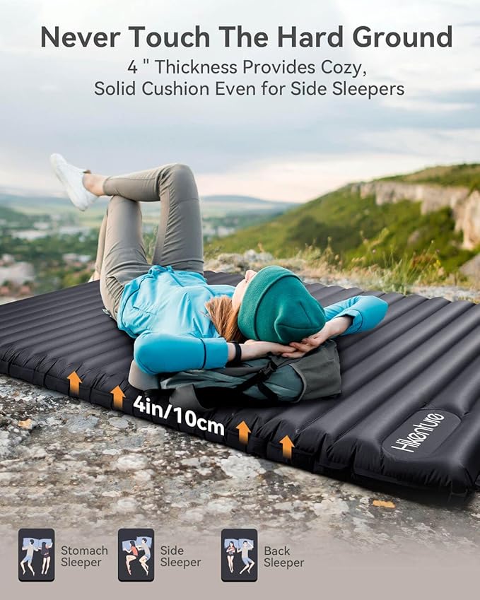 Hikenture Camping Mattress 2 Person Double Sleeping Pad for Camping, 4" Extra-Thick Inflatable & Ultralight Sleeping Air Mat for Backpacking, Hiking