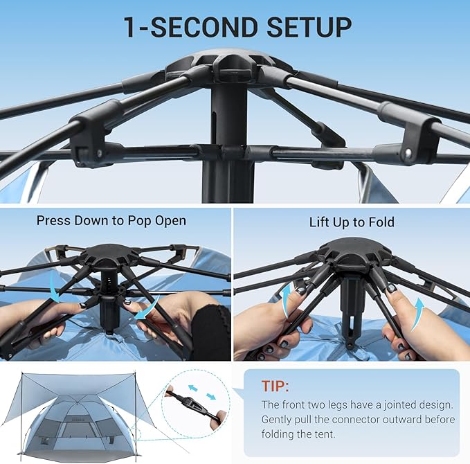 Elegear Beach Tent with Canopy, 1-Second Setup Pop Up Sun Shelter Shade, UPF 50+ UV Protection Silver-Coated Lightweight Portable Beach Cabana