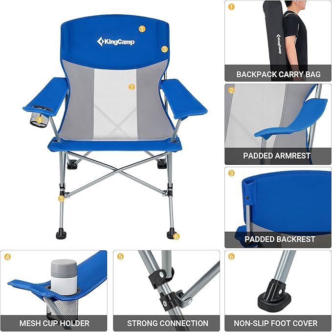 KingCamp Oversized XL Camping Chair, Heavy Duty 500lbs Folding Couch for Adults, Padded Large Comfortable Sofa Seat with Cooler Bag Cup Holder for Outdoor Sports Fishing Patio Lawn