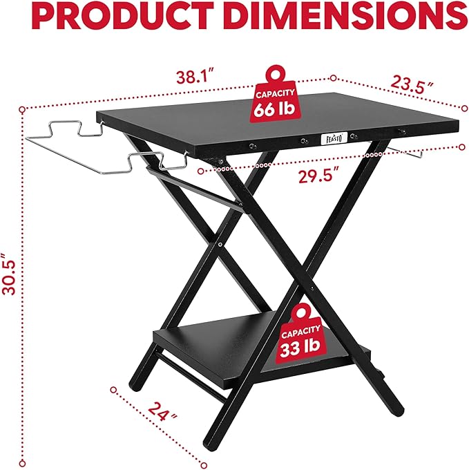 Folding Grill Table, Pizza Oven Table & Portable Table with Bottom Shelf, Tool Hooks, Trash Bag Holder & Paper Towel Rack, Grill Stand for Pizza Oven & Tabletop Griddle, BBQ & Tailgating, Black