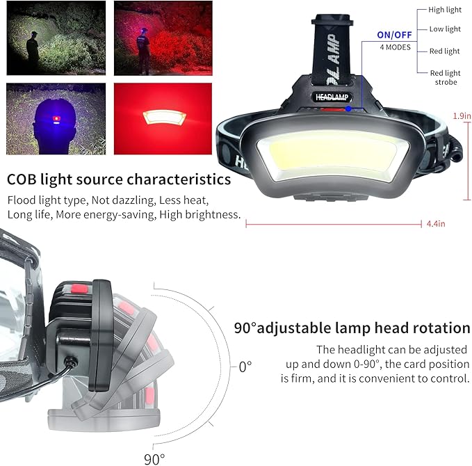 DARKBEAM Hard hat Headlamp COB LED Floodlight with Red Light USB Rechargeable 2000 Lumen - Car Maintenance and Night Construction - Included Rechargeable Battery Last for 6-10 Hours