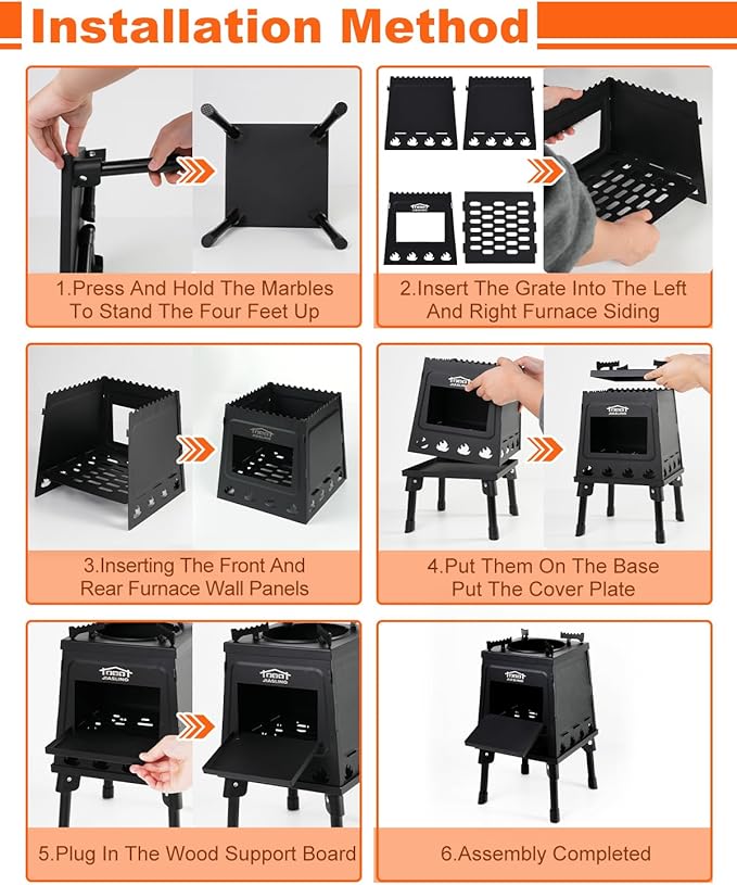 Portable Wood Burning Stove - Lightweight Cast Iron Camp Stove for Backpacking，A Small Size 8.9in * 8.9in * 8.7in Backpacking Camping Stove Kit (Black, Small)