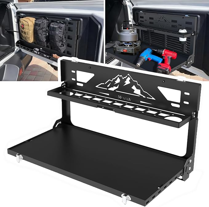 MusixiA Foldable Tailgate Table for Jeep Wrangler JL & JLU Wrangler JK & JKU(2007-2025) - Double-Layer Storage Cargo Shelf with Molle Panel, Aluminum Alloy