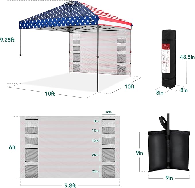 Best Choice Products 10x10ft Pop Up Canopy Tent with Sidewall, 1 Person 1 Minute Set Up, Carry Case, 4 Weight Bags - American Flag