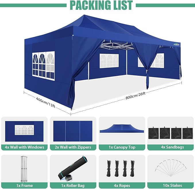 COBIZI 13x26 Pop Up Canopy with 6 Removable Sidewalls Heavy Duty Canopy Party Tents for Parties, Outdoor Wedding Large Event Tent Wind Waterproof UPF 50+ Easy Up with Roller Bag, Dark Blue
