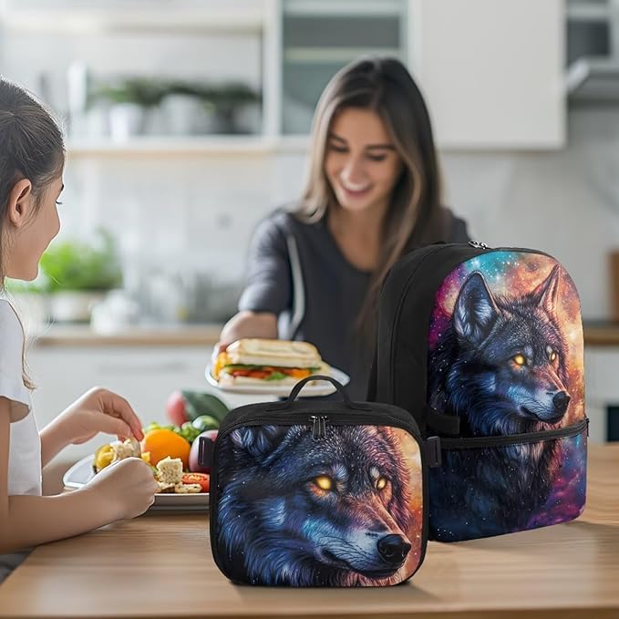 Galaxy Backpack for Men Wolf Bookbag with Lunch Bag Insulated Lightweight Polyester School Bag for Outdoor Camping Travel Casual Book Bag Daypack