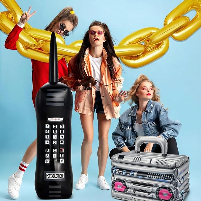 Cunhill 22 Pcs 80s 90s Party Decorations Include Inflatable Boom Box Beverage Cooler, Inflatable Mobile Phone and 20 Gold Foil Chain Balloons for Hip Hop Theme Supplies Cosplay Props