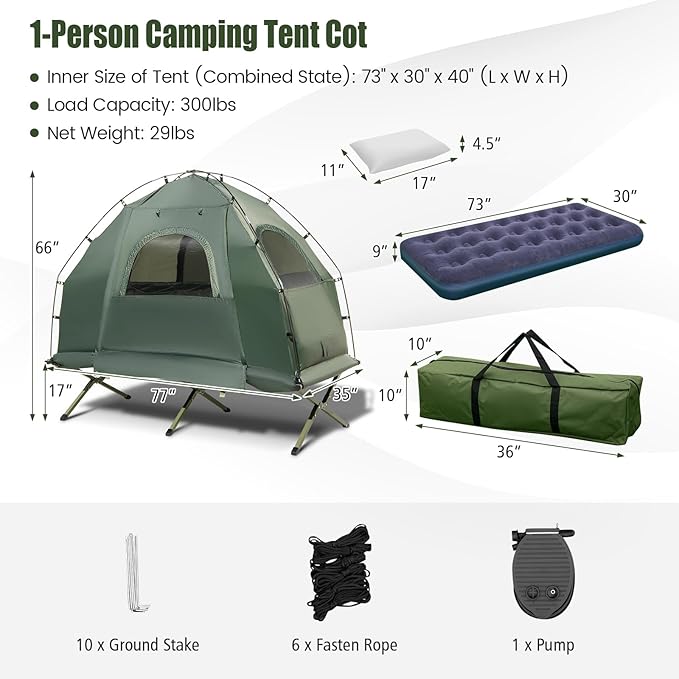 Tangkula 5-in-1 Tent Cot Combo With Awning, Air Mattress, Sleeping Bag, Pillow, Elevated Single Tent With Carrying Bag for Outdoor Camping, Hiking, Picnic, Travel