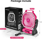 Odoland Rechargeable Camping Fan, 20000mAh Battery Fans with LED Lantern for Tent Car Beach Storm, Portable Light Desk Cooling Fan for Picnic Power Outage Hurricane, Pink