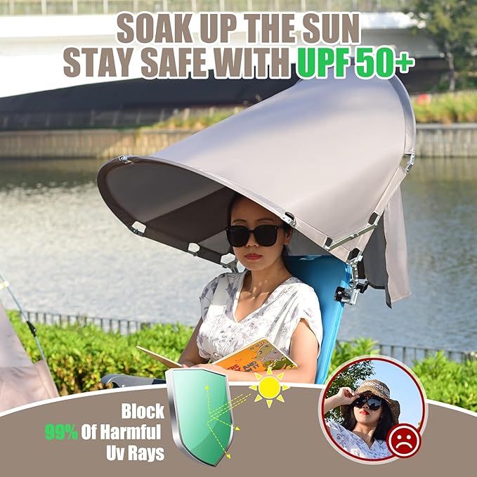 XL Universal Beach Chair Umbrella Canopy, UPF 50+ Chair Sun Shade Attachment with Adjustable Clamp for Camping, Lawn, Wheelchair, Tanning, Zero Gravity, Lounge, Fishing, Outdoor Chairs, Oversized