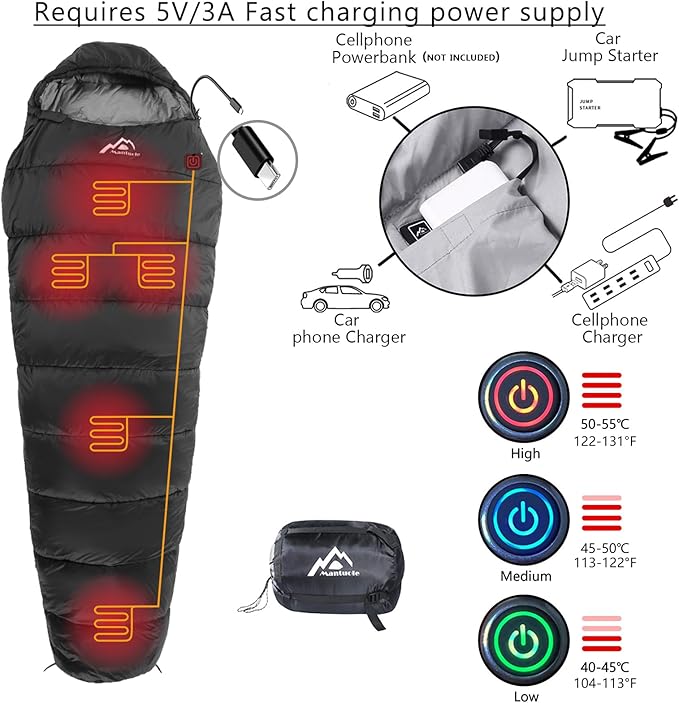 Heated Sleeping Bag 5pcs Multi USB Power Support Heating Pads,Operated with Battery Power Bank or Other USB Power Supplies, Portable Compact Bag, Mummy Style.