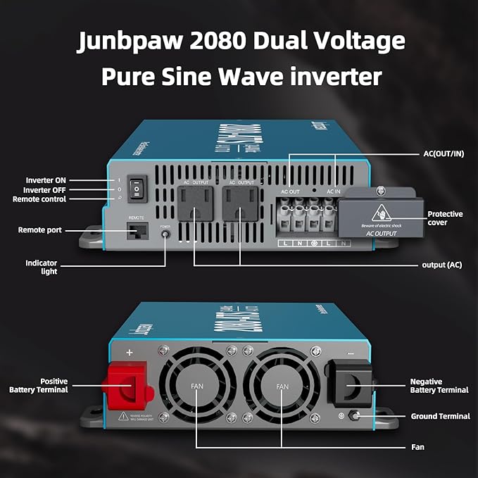 2080W Pure Sine Wave Inverter with Auto Transfer Switch ATS, Dual Voltage Power Inverter 24V/48V to 120V for RV, Truck Off-Grid, Camping, Home Emergency Backup (Blue)