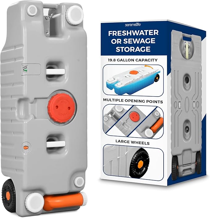 SereneLife 19.8 Gallon / 75L RV Water Tank – Camper Accessories Portable Container with Level Indicator, Rotating Spout, Metal Handle & Heavy-Duty Wheels, Suitable for Freshwater or Sewage Storage