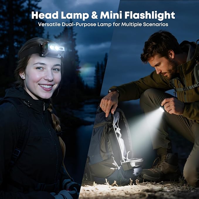 LED Rechargeable Mini Flashlights with Magnet 2PCS 1800L Headlamp Rechargeable with White & Red Light, 5 Lighting Modes Angle Adjustable Motion Sensor for Outdoor, Camping, Hiking, Working