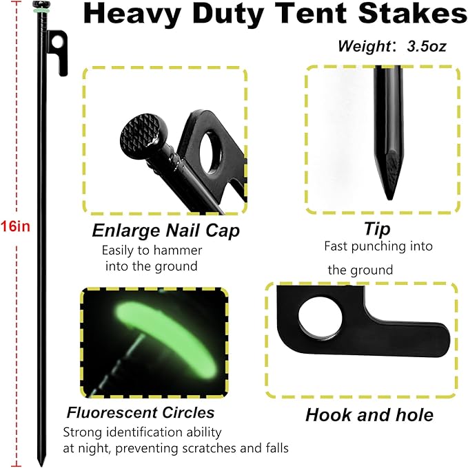 12Pcs Tent Stake with Hammer Set, 16in Tent Stakes Heavy Duty with 10.5in Tent Stakes Hammer, Storage Pouch, Forged Steel Tent Stakes for Camping Used on Rocks, Grassland(12Pcs 16in Stakes+Hammer)