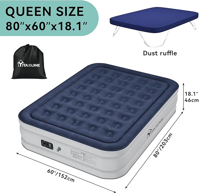 YITAHOME Queen Size Air Mattress with Fitted Sheet, Elevated Inflatable Bed with High-Speed Pump, Carry Bag and Repair Tools for Home, Travel, and Camping - 80''L x 60''W x 18''H