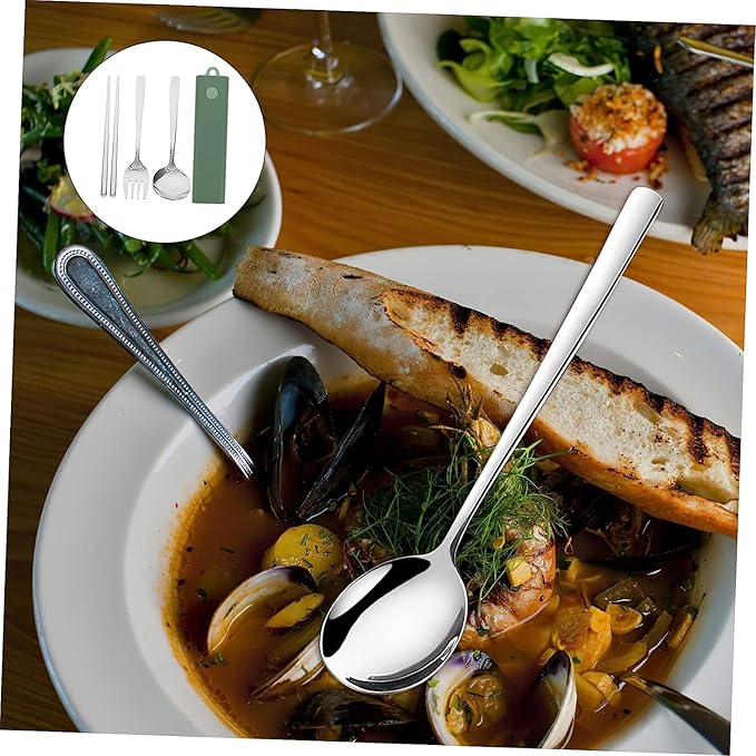 4 Sets Fork Spoon Chopsticks Stainless Steel Spoon Stainless Steel Utensils Set Travel Cutlery Reusable Spoon Spoon Fork Chopstick Portable Tableware Green Chopstick Rest