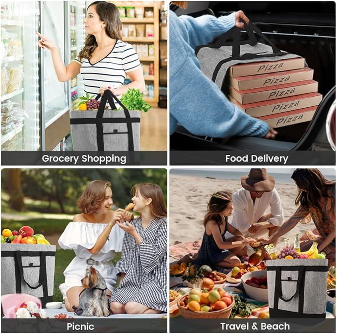 mosago Professional Insulated Food Delivery Bag, Large 39L Commercial Catering Tote for Pizza & Grocery, 3-Layer Thermal Leak-Resistant Shopping Bag, Heavy Duty Grey Cationic Fabric, Collapsible
