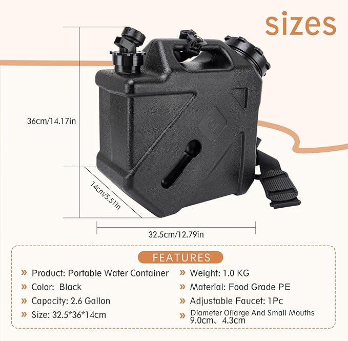 Camping Water Jug, 2.6 Gallon, BPA Free, Leak-Proof, Rectangular, Portable, Reusable, For Camping, Hiking, BBQ, Picnic, Emergency