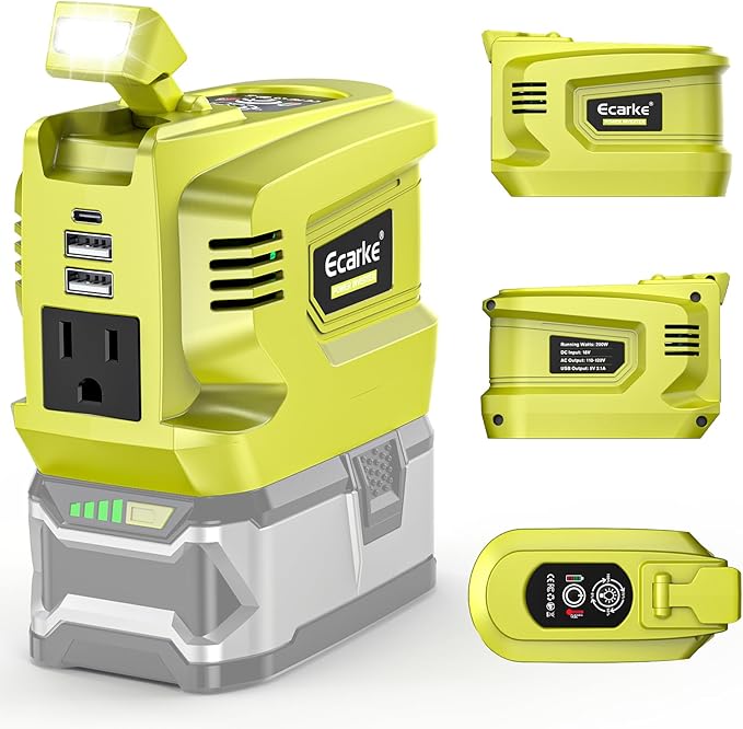 Ecarke 200W Portable Power Inverter Compatible with Ryobi 18V Battery, DC 18V to AC 110V Power Station with 1 AC Outlet, 2 USB, 1 Type-C & LED Light, for Outdoor Emergency Use (No Battery)