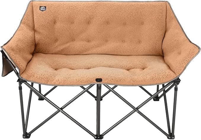 Fuzzy Oversized Folding Double Camping Chairs,Heavy Duty Supports 600 Lbs,Comfy Portable Loveseat for Adults w/Mesh Pocket,Plush Fleece-Lined Lawn Couch for Outdoor/Indoor,Light Moca