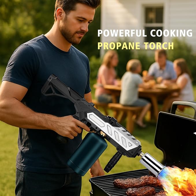 Adjustable Propane Torch Gun – High-Temperature Flame Thrower for Soldering, Welding, Gardening, and Outdoor Cooking – Detachable Design, Easy to Use and Portable (Silver-Black)