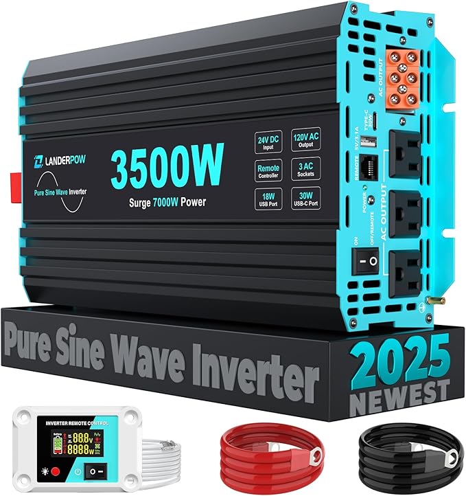 3500W Pure Sine Wave Inverter 24V DC to 120V AC for RV, Truck, Home, Off-Grid, Solar Power Inverter with 3 AC Outlet, 30W Type-C, 5V/3.1A USB, Hardwire Port, 15FT Remote Control, Surge 7000W