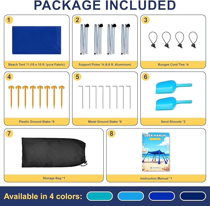 Beach Tent Sun Shelter UPF 50+,10x10 FT Beach Canopy Tent Sun Shade,Pop Up Beach Canopy with 8 Sandbags,Outdoor Beach Shade for Camping Trips, Fishing, Backyard Fun Picnics (Navy Blue)
