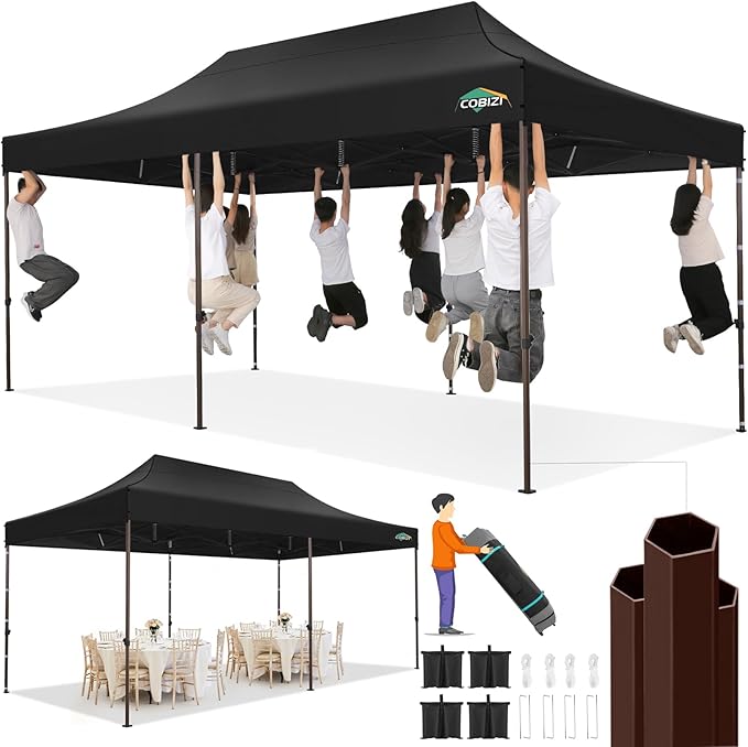 COBIZI 10x20 Pop up Canopy Without Sidewall Heavy Duty Commercial Outdoor Gazebo Easy Up Wedding Party Tents for Parties with Roller Bag, All Season Wind & Waterproof UPF50+(Upgrade Hexagonal Tube)