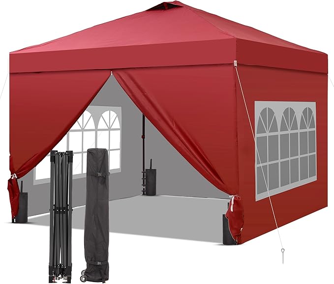GDY 12x12 Pop Up Canopy Tent with 4 Sidewalls, Easy Set up with One Push Lift Gazebo with Wheel Bag and4 Sandbags,Carpas for Events, Parties,Camping, Red.