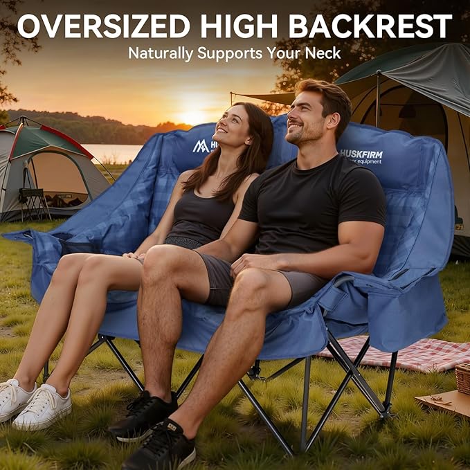 Padded Double Camping Chair High Back Double Seat Camping Chair Oversized Camping Loveseat Support 800LBS Heavy Duty Camping Couch with Cup Holders, Cooler, Carry Bag, Blue