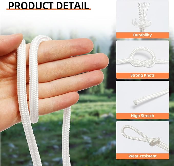 Nylon Rope, 1/4 inch 50FT Nylon Poly Rope Utility Cord Strong Polyester for Camping, Hiking, Clothesline, Tie, Flag Pole, Marine, Outdoor Swing (6mm White)