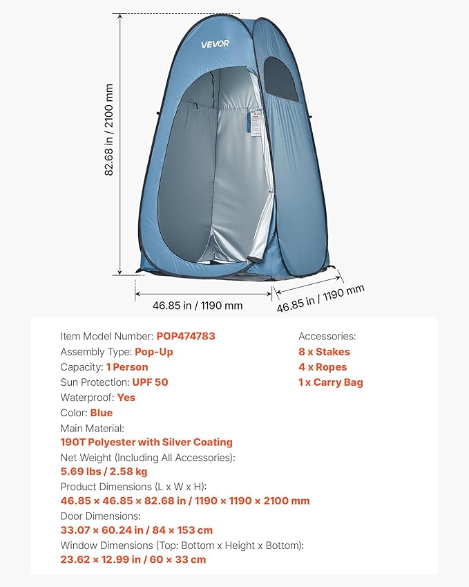 VEVOR Pop up Shower Tent, Instant Portable Privacy Tent Changing Room with Ground Stakes, Ropes, and Carry Bag, 190T Polyester with Silver Coating, Quick Setup, for Camping, Beach, Fishing, Blue
