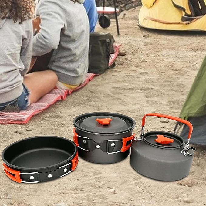 Camping Cookware Set, Portable Kitchen Utensil Kit, Kitchen Cooking with Folding Handle Travel Tableware Lightweight Bowls, Pot Pan Set for Family Outdoor Backpacking Hiking Picnic Camping BBQ