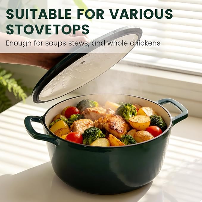 Enameled Cast Iron Dutch Oven with Lid – 5QT Heavy-Duty Pot, Oven Safe up to 500°F, Dual Handles, Ideal for Sourdough Bread Baking, Stews, Roasting, Braising – All Cooktops, Durable & Versatile Cookware (Green)