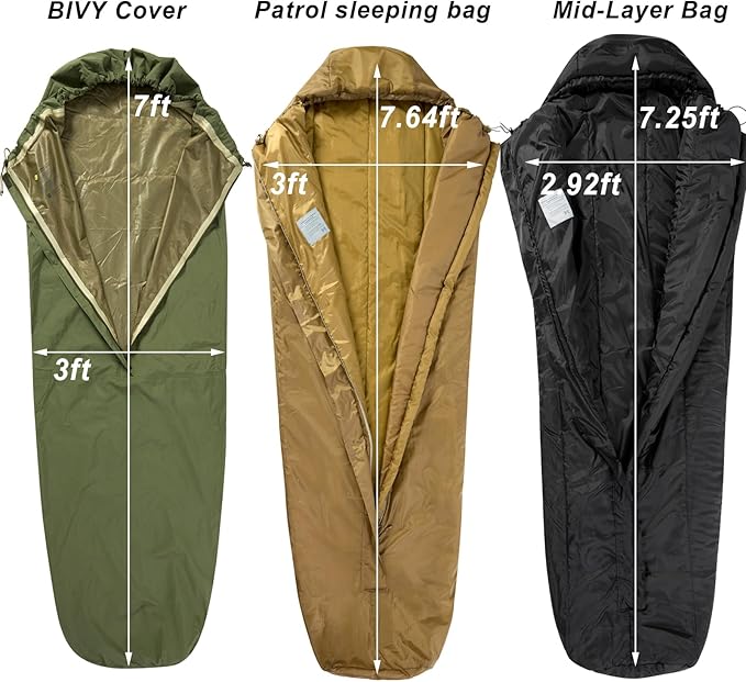 MT Military Modular Sleeping System, 3-Layer, Cold Weather Sleeping Bag, Waterproof Bivy Cover, Vacuum Compression Sack
