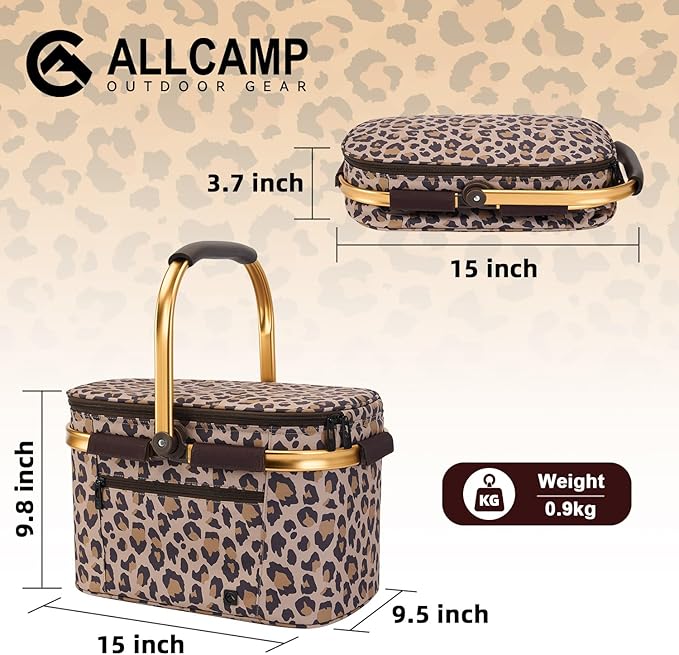 ALLCAMP Picnic Basket - Insulated Cooler, Thickening Foldable Picnic Basket with Removable Baskets & Sewn-in Frame, Basket for House Warming Gifts New Home(Leopard Print)