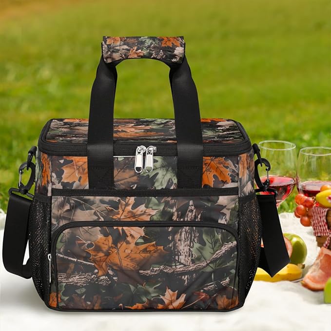 Leakproof Reusable Insulated Cooler Lunch Bag Tree Leaves Camouflage Camo Picnic Lunch Box for Women Men Cooler Tote Office Work Camping Beach 24 Can 15L