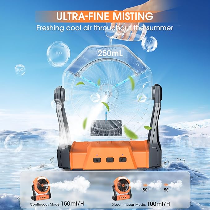 Ausic Portable Misting Fan for Outdoor Cooling, [16-65Hrs] Battery Powered Mist Fans with Water Misters & LED Lantern, 8-Inch, 250mL Tank, for Patios, Home, Outside, Camping, Outdoor&Indoor Use