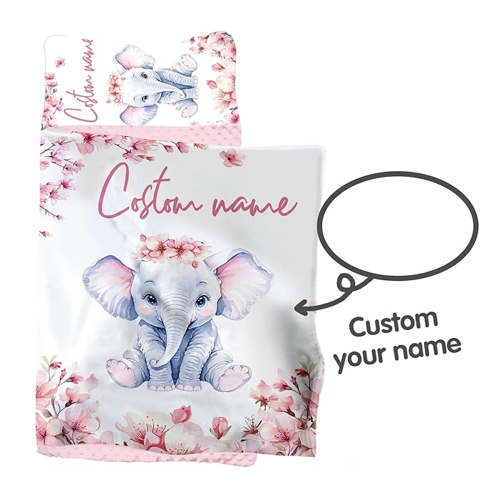 Custom Toddler Nap Mat for Preschool, Personalized Name Kids Sleeping Bag with Flower Elephant for Daycare, Roll Up Sleeping Mat with Removable Pillow and Soft Dot Minky Blanke for Girls Camping