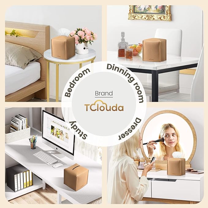 Tissue Box Cover, Tclouda, Modern PU Leather Square Tissue Box Holder for Creative Decorative, Ideal for Bathrooms/Office/Car/Nightstand/Outdoor Tent/Dining Table, 5"X5"X5", Single Claybank