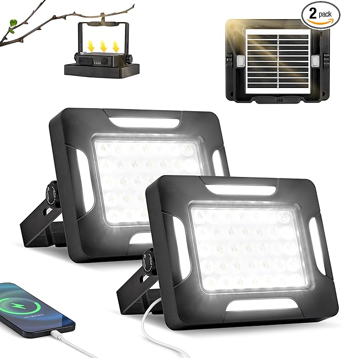 LED Solar Portable Camping Lights with Stand dimmable, 2000LM, Solar Rechargeable Work Lights with Magnetic，IP67 Waterproof, 5 Light Modes Portable Flood Light, Camping Lantern for Indoor Outdoor