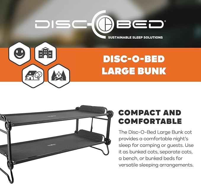 Disc-O-Bed Large Outdoor Convertible 2 Person Bench and Double Camping Cot Portable Bed Bunk System for Adults, Black
