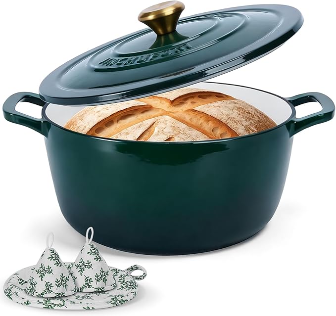 Enameled Cast Iron Dutch Oven with Lid – 5QT Heavy-Duty Pot, Oven Safe up to 500°F, Dual Handles, Ideal for Sourdough Bread Baking, Stews, Roasting, Braising – All Cooktops, Durable & Versatile Cookware (Green)