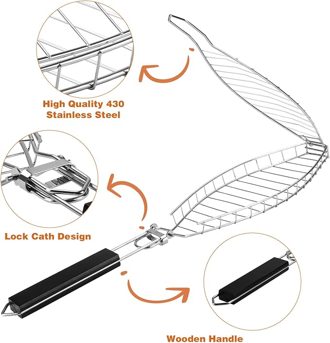Fish Grill Basket, Heavy Duty Stainless Steel Grilling Basket with Removable Wooden Handle & Bonus Basting Brush, BBQ Accessories for Outdoor Camping Picnic, Cook Whole Fish, Seafood, Vegetables