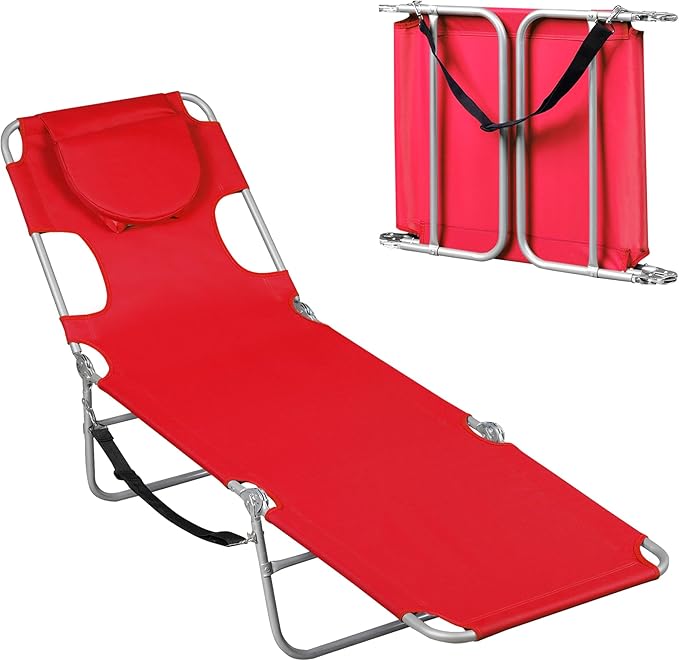 WLIVE Beach Lounge Chair for Adults, 4-Position Folding Tanning Chairs with Face Hole, 2 Legs Support Portable Outdoor Chair for Beach, Pool, Red